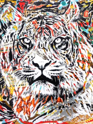 PANTHERA TIGRIS technique mixte sur toile 120x120 by Jo Di Bona 2018 - Au profit du MUSÉE EN HERBE, collection privée