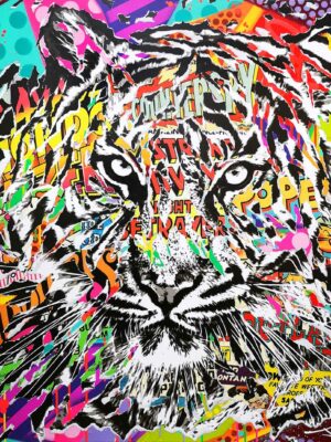 SPY TIGER technique mixte sur toile 100x100 by Jo Di Bona 2019 - Au profit du MUSÉE EN HERBE, collection privée